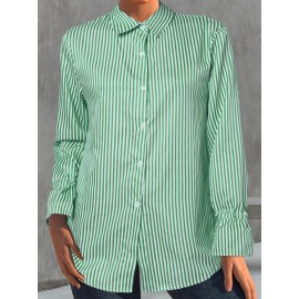 Women Striped Lapel Button Front Casual Long Sleeve Shirt