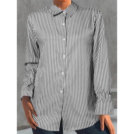 Women Striped Lapel Button Front Casual Long Sleeve Shirt