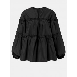 Solid Color Puff Sleeves Patchwork Casual Blouse For Women
