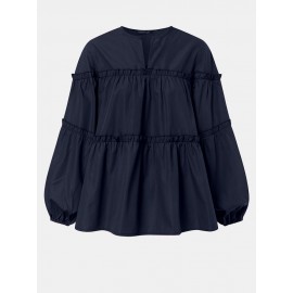 Solid Color Puff Sleeves Patchwork Casual Blouse For Women