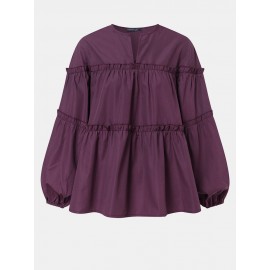 Solid Color Puff Sleeves Patchwork Casual Blouse For Women