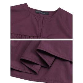 Solid Color Puff Sleeves Patchwork Casual Blouse For Women