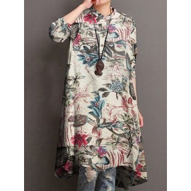 Casual Floral Print Stand Collar Long Sleeve Cotton Blouse