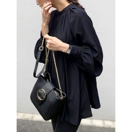 Solid Color Puff Sleeve Stand Collar Blouse