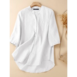 Women Plain Stand Collar Chest Pocket Cotton 3/4 Sleeve Shirt