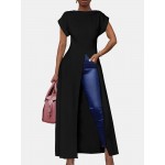Splited Solid Color Short Sleeve O-neck Long Blouse For Women