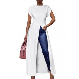 Splited Solid Color Short Sleeve O-neck Long Blouse For Women