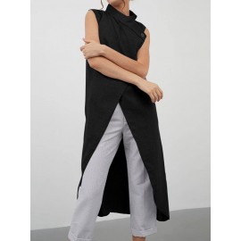 Solid Color Cross Wrap High Low Sleeveless Blouse For Women