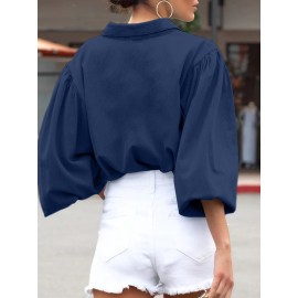 Women Solid Lapel Flap Pocket Long Sleeve Denim Shirt