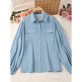 Women Solid Lapel Flap Pocket Long Sleeve Denim Shirt