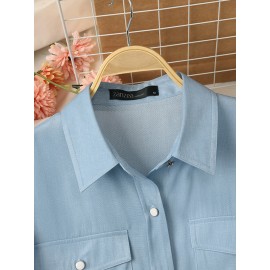 Women Solid Lapel Flap Pocket Long Sleeve Denim Shirt