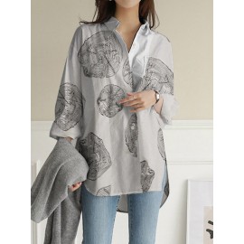 Geometry Print Long Sleeves Casual Loose Blouse With Pockets