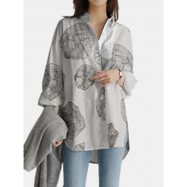 Geometry Print Long Sleeves Casual Loose Blouse With Pockets