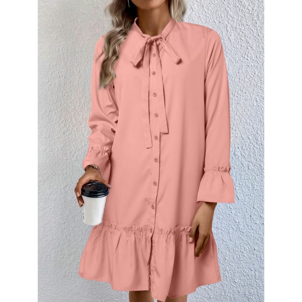 Women Ruffle Trim Tie Neck Plain Long Sleeve Shirt