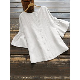 Vintage Frill Short Sleeve Solid Color Blouse