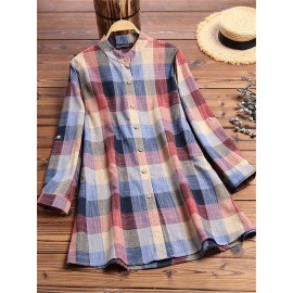 Vintage Print Plaid Multicolor Long Sleeve Button Blouse