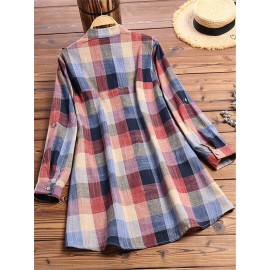 Vintage Print Plaid Multicolor Long Sleeve Button Blouse
