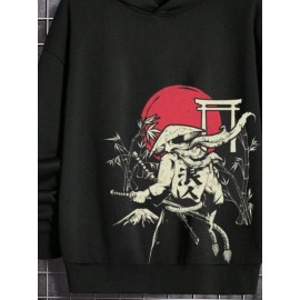Mens Japanese Ninja Red Sun Print Long Sleeve Hoodies Winter
