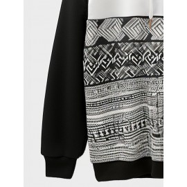 Mens Monochrome Smile Ethnic Geometric Print Patchwork Drawstring Hoodies Winter