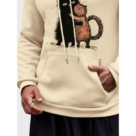 Mens Cute Cat Print Kangaroo Pocket Casual Drawstring Hoodies Winter