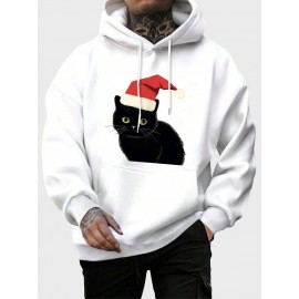 Mens Christmas Hat Cat Graphic Kangaroo Pocket Drawstring Hoodies Winter