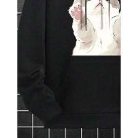 Mens Cartoon Cat Print Kangaroo Pocket Drawstring Hoodies Winter