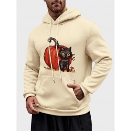 Mens Cartoon Pumpkin Cat Print Kangaroo Pocket Drawstring Hoodies Winter