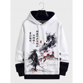 Mens Chinese Figure Landscape Print Patchwork Drawstring Hoodies Winter