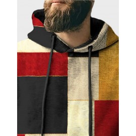 Mens Color Block Kangaroo Pocket Loose Drawstring Hoodies Winter