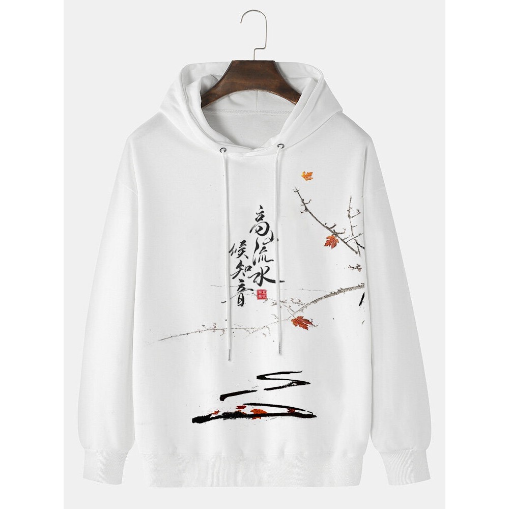 Mens Chinese Character Ink Print Loose Drawstring Hoodies Winter
