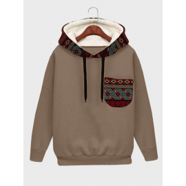 Mens Ethnic Geometric Print Chest Pocket Plush Lined Drawstring Hoodies